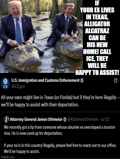 Does your illegal Ex need a new home? Call ICE they can assist! | IF YOUR EX LIVES IN TEXAS, ALLIGATOR ALCATRAZ CAN BE HIS NEW HOME! CALL ICE, THEY WILL BE HAPPY TO ASSIST! | image tagged in home,domestic abuse | made w/ Imgflip meme maker