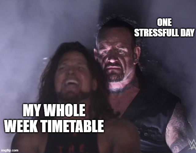 undertaker | ONE STRESSFULL DAY; MY WHOLE WEEK TIMETABLE | image tagged in undertaker | made w/ Imgflip meme maker