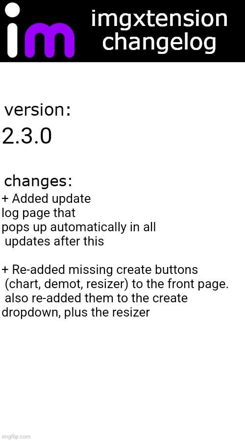 imgxtension changelog | 2.3.0; + Added update log page that 
pops up automatically in all
 updates after this
 
+ Re-added missing create buttons
 (chart, demot, resizer) to the front page.
 also re-added them to the create 
dropdown, plus the resizer | image tagged in imgxtension changelog | made w/ Imgflip meme maker