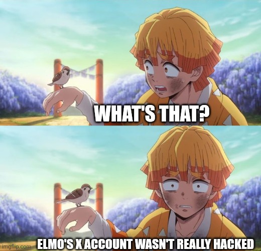 WHAT'S THAT? ELMO'S X ACCOUNT WASN'T REALLY HACKED | image tagged in zenitsu,demon slayer | made w/ Imgflip meme maker