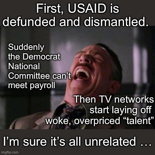 I wonder what is the next house of cards to crumble without taxpayer funding? | First, USAID is defunded and dismantled. Suddenly the Democrat National Committee can’t meet payroll; Then TV networks start laying off  woke, overpriced “talent”; I’m sure it’s all unrelated … | image tagged in spider man boss,liberals are trash,woke crap | made w/ Imgflip meme maker