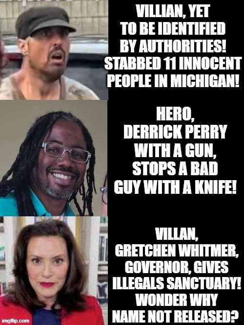 Villans versus hero! | VILLAN, GRETCHEN WHITMER, GOVERNOR, GIVES ILLEGALS SANCTUARY! WONDER WHY NAME NOT RELEASED? | image tagged in villains,heroes | made w/ Imgflip meme maker