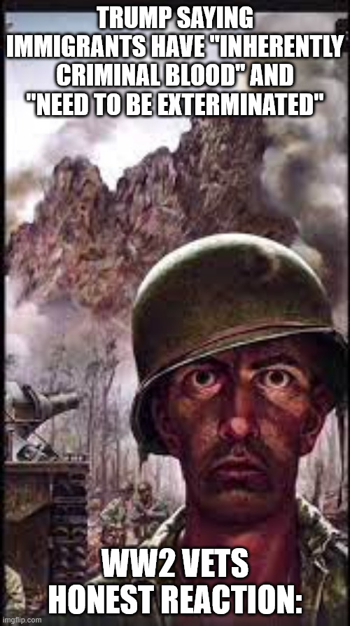 War Flashback | TRUMP SAYING IMMIGRANTS HAVE "INHERENTLY CRIMINAL BLOOD" AND "NEED TO BE EXTERMINATED"; WW2 VETS HONEST REACTION: | image tagged in war flashback | made w/ Imgflip meme maker