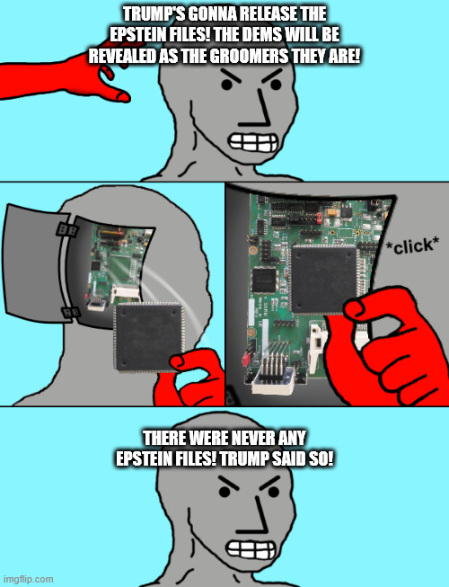 NPC Update Chip | TRUMP'S GONNA RELEASE THE EPSTEIN FILES! THE DEMS WILL BE REVEALED AS THE GROOMERS THEY ARE! THERE WERE NEVER ANY EPSTEIN FILES! TRUMP SAID SO! | image tagged in npc update chip | made w/ Imgflip meme maker