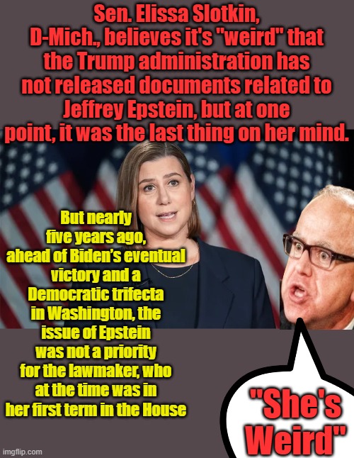 Hypocrite | Sen. Elissa Slotkin, D-Mich., believes it's "weird" that the Trump administration has not released documents related to Jeffrey Epstein, but at one point, it was the last thing on her mind. But nearly five years ago, ahead of Biden’s eventual victory and a Democratic trifecta in Washington, the issue of Epstein was not a priority for the lawmaker, who at the time was in her first term in the House; "She's Weird" | made w/ Imgflip meme maker