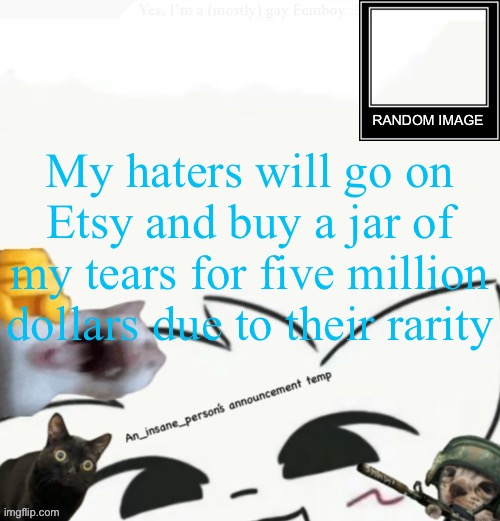 My lil announcement | My haters will go on Etsy and buy a jar of my tears for five million dollars due to their rarity | image tagged in my lil announcement | made w/ Imgflip meme maker