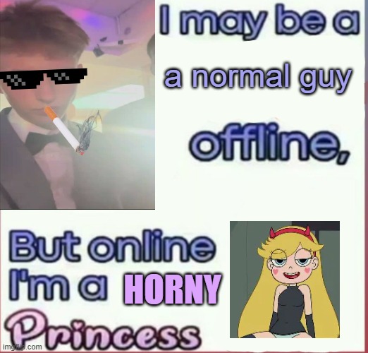 I may be a x offline, but online I’m a Princess | a normal guy; HORNY | image tagged in i may be a x offline but online i m a princess | made w/ Imgflip meme maker