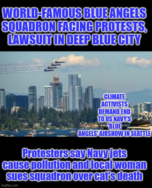Do they do it every day? People in Seattle are insane. | WORLD-FAMOUS BLUE ANGELS SQUADRON FACING PROTESTS, LAWSUIT IN DEEP BLUE CITY; CLIMATE ACTIVISTS DEMAND END TO US NAVY'S 'BLUE ANGELS' AIRSHOW IN SEATTLE; Protesters say Navy jets cause pollution and local woman sues squadron over cat's death | made w/ Imgflip meme maker