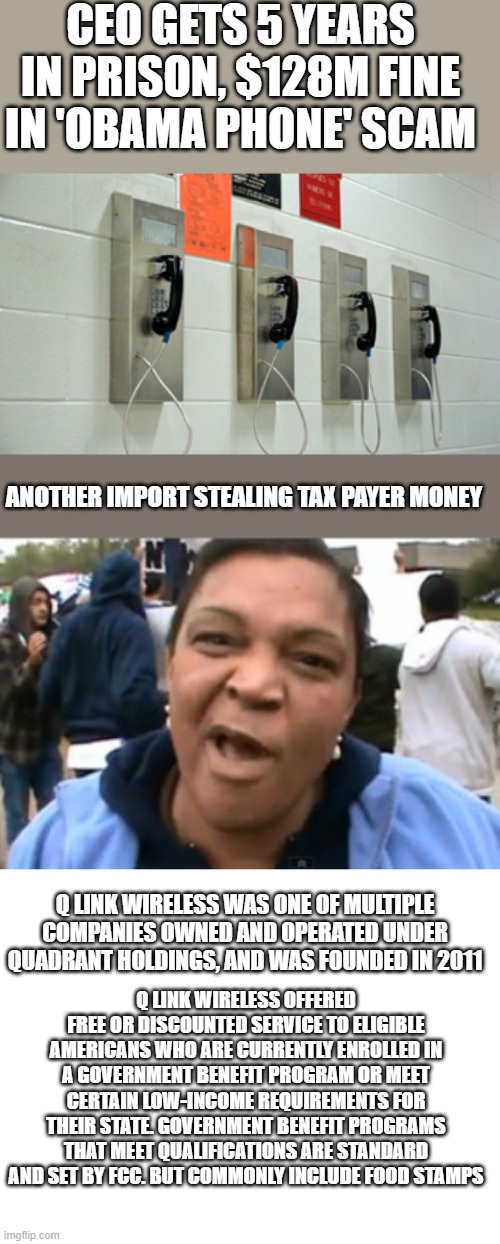 CRIMINAL INC, seems all DEM policies lead to fraud. | CEO GETS 5 YEARS IN PRISON, $128M FINE IN 'OBAMA PHONE' SCAM; ANOTHER IMPORT STEALING TAX PAYER MONEY; Q LINK WIRELESS WAS ONE OF MULTIPLE COMPANIES OWNED AND OPERATED UNDER QUADRANT HOLDINGS, AND WAS FOUNDED IN 2011; Q LINK WIRELESS OFFERED FREE OR DISCOUNTED SERVICE TO ELIGIBLE AMERICANS WHO ARE CURRENTLY ENROLLED IN A GOVERNMENT BENEFIT PROGRAM OR MEET CERTAIN LOW-INCOME REQUIREMENTS FOR THEIR STATE. GOVERNMENT BENEFIT PROGRAMS THAT MEET QUALIFICATIONS ARE STANDARD AND SET BY FCC. BUT COMMONLY INCLUDE FOOD STAMPS | image tagged in obamaphone lady,blank white template | made w/ Imgflip meme maker