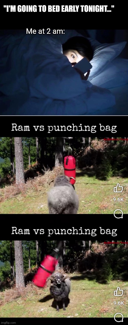 "I'M GOING TO BED EARLY TONIGHT..."; Me at 2 am: | image tagged in just one more meme,ram,versus,punching bag,social media,addiction | made w/ Imgflip meme maker