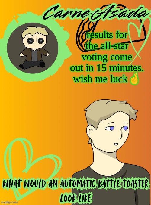 context is in the post linked in the comments | results for the all-star voting come out in 15 minutes. wish me luck🤞 | image tagged in carneasada announcement template disco my goat | made w/ Imgflip meme maker