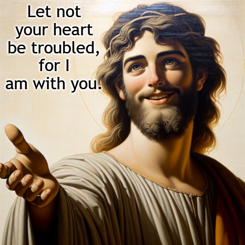 Let your heart not be troubled, for I am with you. | Let not your heart be troubled, for I am with you. | image tagged in christiansonly,jesus christ,compassion | made w/ Imgflip meme maker