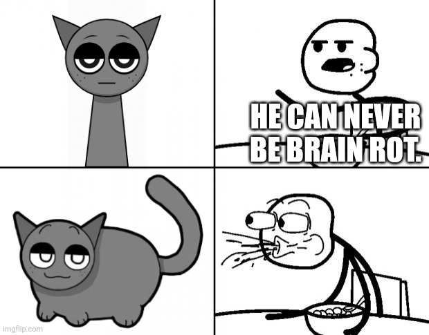 Why is it brain rot now... | HE CAN NEVER BE BRAIN ROT. | image tagged in blank cereal guy,relatable memes,sprunki | made w/ Imgflip meme maker