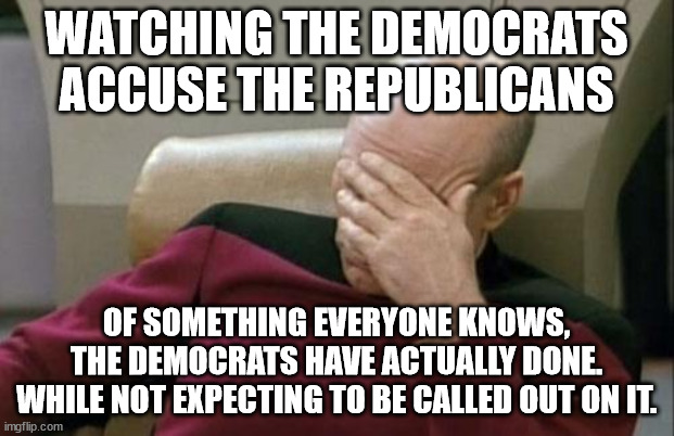 Political Hypocrisy | WATCHING THE DEMOCRATS ACCUSE THE REPUBLICANS; OF SOMETHING EVERYONE KNOWS, THE DEMOCRATS HAVE ACTUALLY DONE. WHILE NOT EXPECTING TO BE CALLED OUT ON IT. | image tagged in memes,captain picard facepalm,liberal hypocrisy,projection,accountability,no class | made w/ Imgflip meme maker