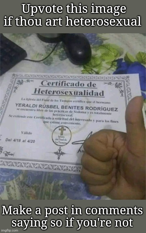 Social Expiermentation!!1!1!1!1!1!!!111!1!!!! | Upvote this image if thou art heterosexual; Make a post in comments saying so if you're not | image tagged in heterosexual certificate | made w/ Imgflip meme maker