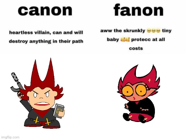 image tagged in fanon vs canon,skrunkly,evil,pico's school,newgrounds,cassandra | made w/ Imgflip meme maker