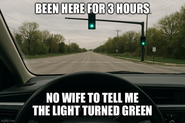 Green light forever | BEEN HERE FOR 3 HOURS; NO WIFE TO TELL ME THE LIGHT TURNED GREEN | image tagged in green light,stop light | made w/ Imgflip meme maker