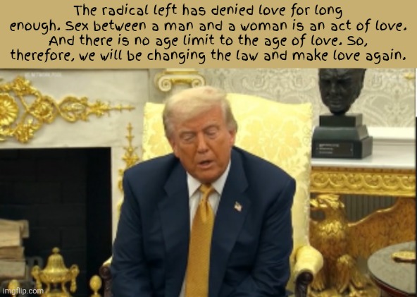 Make Love Love Again | The radical left has denied love for long enough. Sex between a man and a woman is an act of love. And there is no age limit to the age of love. So, therefore, we will be changing the law and make love again. | image tagged in love is between a male and female at 13,pedophile is a nasty leftist misnomer,we can't choose peoples choices of employment | made w/ Imgflip meme maker