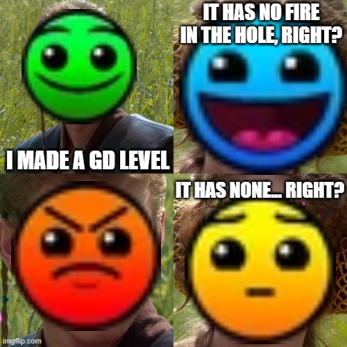 f i r e  i n  t h e  h o l e | IT HAS NO FIRE IN THE HOLE, RIGHT? I MADE A GD LEVEL; IT HAS NONE... RIGHT? | made w/ Imgflip meme maker