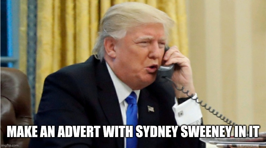 Trump on phone | MAKE AN ADVERT WITH SYDNEY SWEENEY IN IT | image tagged in trump on phone | made w/ Imgflip meme maker