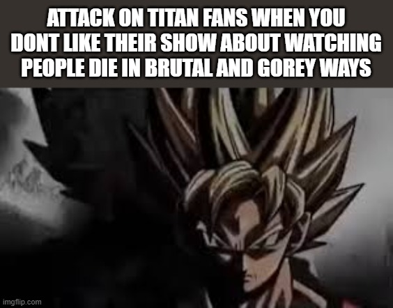 the blood, man | ATTACK ON TITAN FANS WHEN YOU DONT LIKE THEIR SHOW ABOUT WATCHING PEOPLE DIE IN BRUTAL AND GOREY WAYS | image tagged in goku | made w/ Imgflip meme maker