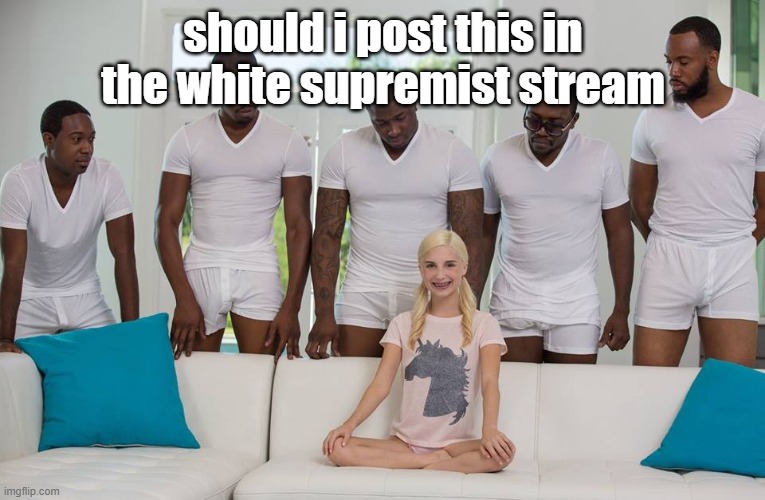 1 girl 5 men | should i post this in the white supremist stream | image tagged in 1 girl 5 men | made w/ Imgflip meme maker