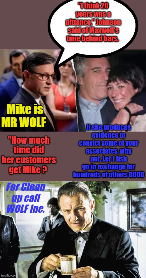 I said months ago Trump should be offering Pardons right now. You give me hard evidence to take 5 down U do 5 flat time | "I think 20 years was a pittance," Johnson said of Maxwell's time behind bars. Mike is MR WOLF; "How much time did her customers get Mike ? If she produces evidence to convict some of your associates, why not. Let 1 fish go in exchange for hundreds of others GOOD; For Clean up call WOLF inc. | made w/ Imgflip meme maker