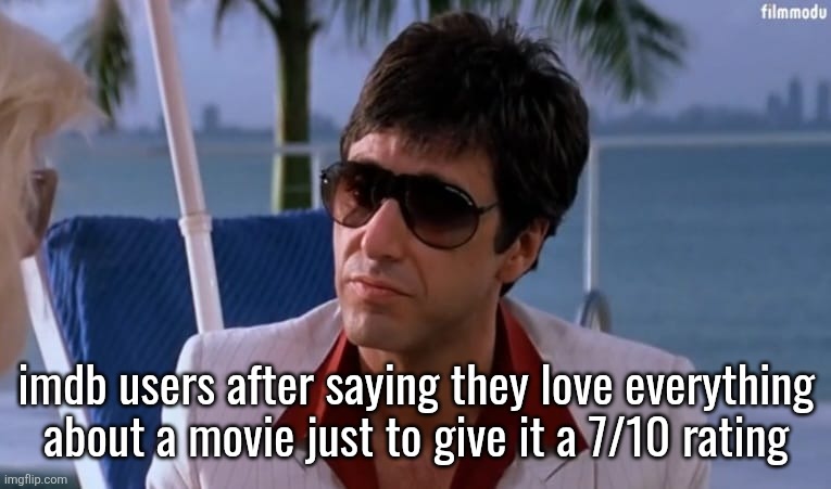 not saying they should give 10/10 to whatever they enjoy, but they should specify why they give lower ratings | imdb users after saying they love everything about a movie just to give it a 7/10 rating | image tagged in tony montana wearing sunglasses | made w/ Imgflip meme maker