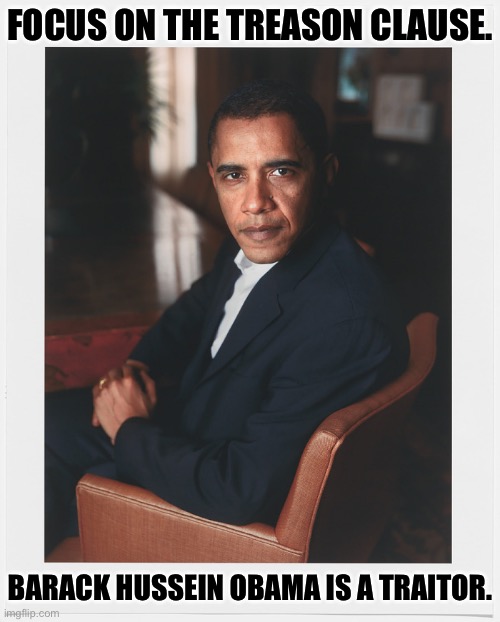 Barack Hussein Obama—traitor. | FOCUS ON THE TREASON CLAUSE. BARACK HUSSEIN OBAMA IS A TRAITOR. | image tagged in barack obama,obama,obama legacy,democrat party,traitor | made w/ Imgflip meme maker