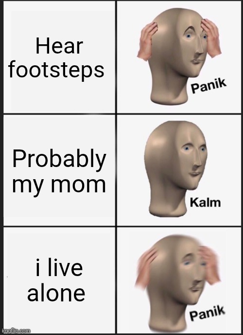 Meme | Hear footsteps; Probably my mom; i live alone | image tagged in memes,panik kalm panik | made w/ Imgflip meme maker