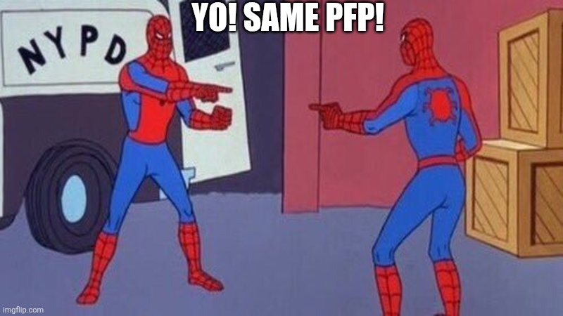 spiderman pointing at spiderman | YO! SAME PFP! | image tagged in spiderman pointing at spiderman | made w/ Imgflip meme maker