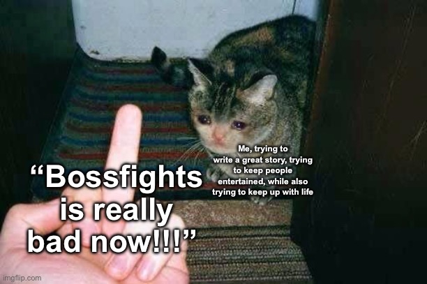 It hurts whenever anyone says “Bossfights sucks now!” It just feels like I (and some other people) aren’t good enough for them | Me, trying to write a great story, trying to keep people entertained, while also trying to keep up with life; “Bossfights is really bad now!!!” | image tagged in middle finger sad cat | made w/ Imgflip meme maker