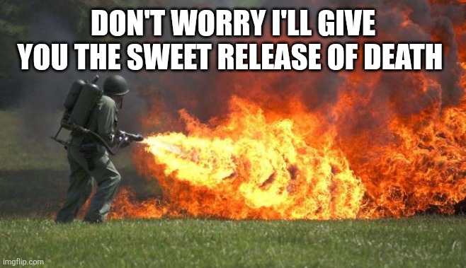 flamethrower | DON'T WORRY I'LL GIVE YOU THE SWEET RELEASE OF DEATH | image tagged in flamethrower | made w/ Imgflip meme maker