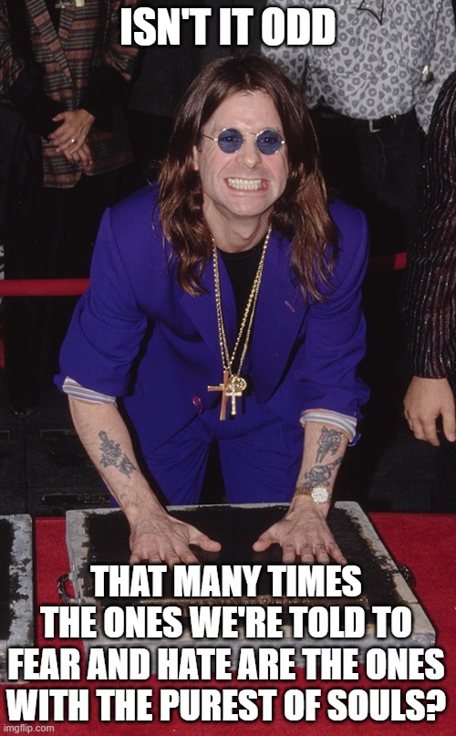 Isn't It Odd? | ISN'T IT ODD; THAT MANY TIMES THE ONES WE'RE TOLD TO FEAR AND HATE ARE THE ONES WITH THE PUREST OF SOULS? | image tagged in ozzy osbourne,ozzy | made w/ Imgflip meme maker