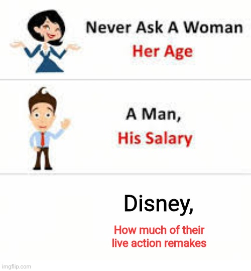 Probably lots of remakes | Disney, How much of their live action remakes | image tagged in never ask a woman her age,memes,funny,disney,live action,remake | made w/ Imgflip meme maker