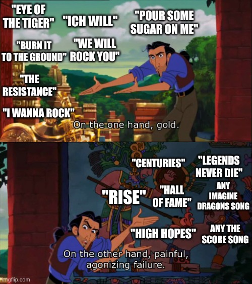 Arena Rock/AMV Songs | "POUR SOME SUGAR ON ME"; "EYE OF THE TIGER"; "ICH WILL"; "BURN IT TO THE GROUND"; "WE WILL ROCK YOU"; "THE RESISTANCE"; "I WANNA ROCK"; "CENTURIES"; "LEGENDS NEVER DIE"; ANY IMAGINE DRAGONS SONG; "RISE"; "HALL OF FAME"; ANY THE SCORE SONG; "HIGH HOPES" | image tagged in road to el dorado gold and failure,memes,music,rock music,anime | made w/ Imgflip meme maker