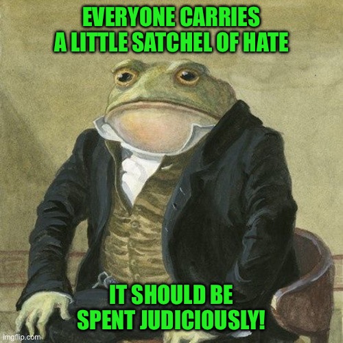 Gentlemen, it is with great pleasure to inform you that | EVERYONE CARRIES A LITTLE SATCHEL OF HATE; IT SHOULD BE SPENT JUDICIOUSLY! | image tagged in gentlemen it is with great pleasure to inform you that | made w/ Imgflip meme maker