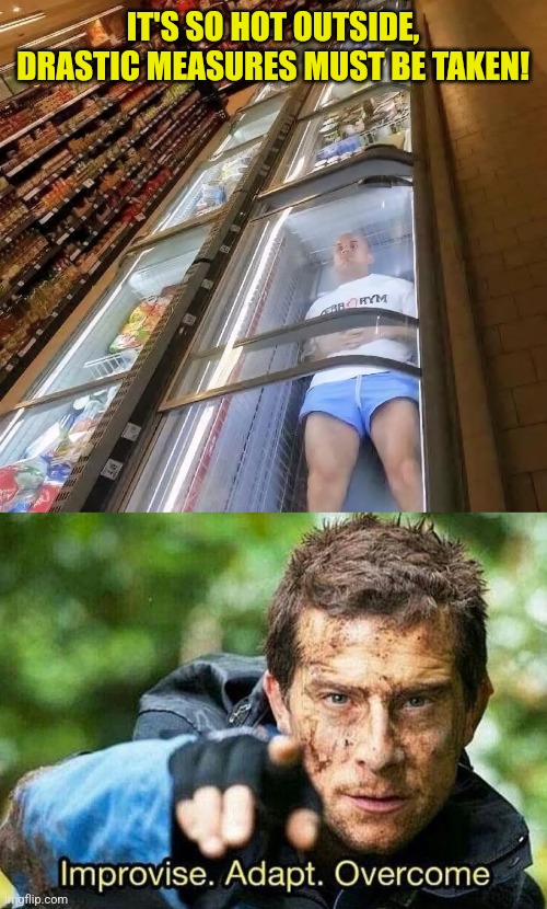 Follow me for more cool summer tips! | IT'S SO HOT OUTSIDE, DRASTIC MEASURES MUST BE TAKEN! | image tagged in improvise adapt overcome,supermarket,freezer,cooling,tips,summer | made w/ Imgflip meme maker