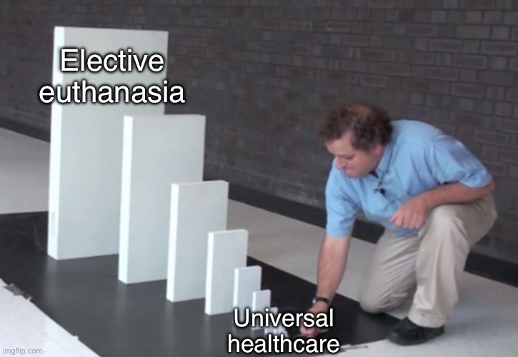 Domino Effect | Elective euthanasia; Universal healthcare | image tagged in domino effect | made w/ Imgflip meme maker