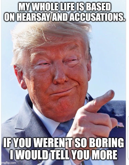 Trump pointing | MY WHOLE LIFE IS BASED ON HEARSAY AND ACCUSATIONS. IF YOU WEREN'T SO BORING 
I WOULD TELL YOU MORE | image tagged in trump pointing | made w/ Imgflip meme maker