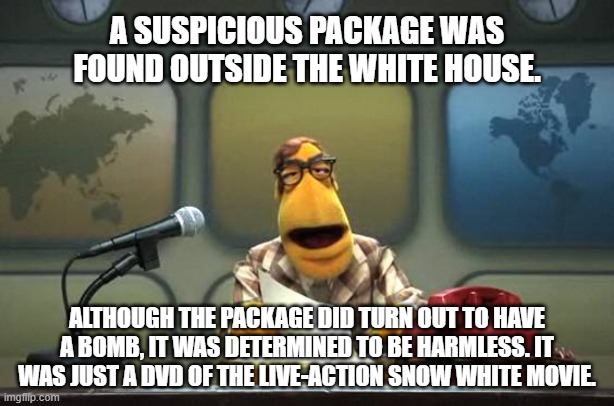 Muppet News Flash | A SUSPICIOUS PACKAGE WAS FOUND OUTSIDE THE WHITE HOUSE. ALTHOUGH THE PACKAGE DID TURN OUT TO HAVE A BOMB, IT WAS DETERMINED TO BE HARMLESS. IT WAS JUST A DVD OF THE LIVE-ACTION SNOW WHITE MOVIE. | image tagged in muppet news flash,white house,bomb,snow white,movies | made w/ Imgflip meme maker