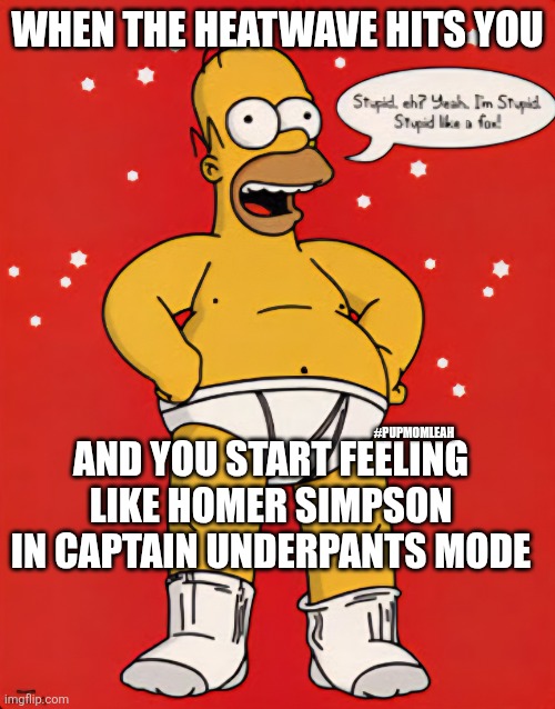 Heatwave hits | WHEN THE HEATWAVE HITS YOU; #PUPMOMLEAH; AND YOU START FEELING LIKE HOMER SIMPSON IN CAPTAIN UNDERPANTS MODE | image tagged in homer simpson,heatwave,funny meme,hot,so hot right now | made w/ Imgflip meme maker
