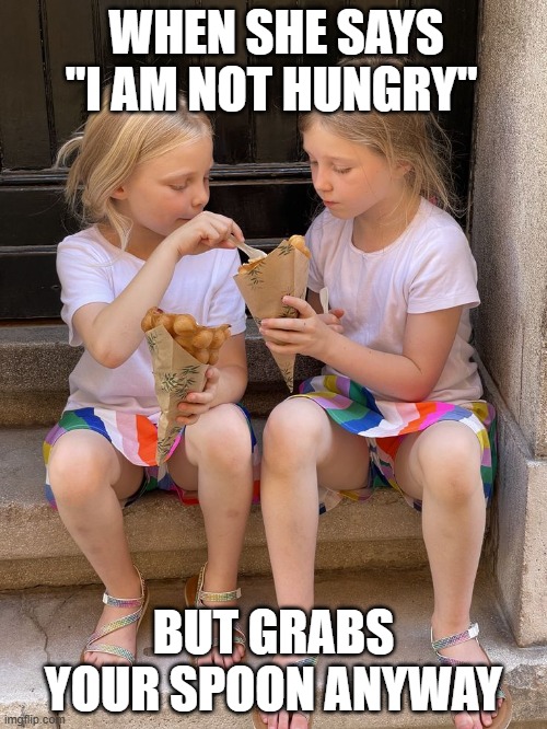 that moment! | WHEN SHE SAYS "I AM NOT HUNGRY"; BUT GRABS YOUR SPOON ANYWAY | image tagged in memes | made w/ Imgflip meme maker