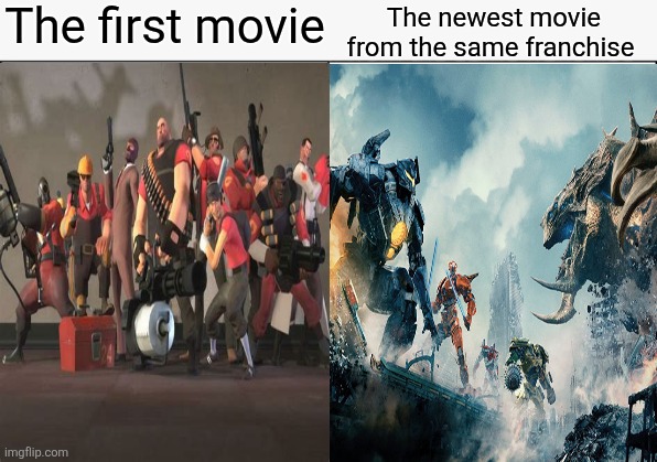 What's a franchise that's just like this meme | The first movie; The newest movie from the same franchise | image tagged in side-by-side panels,team fortress 2,pacific rim,movie | made w/ Imgflip meme maker