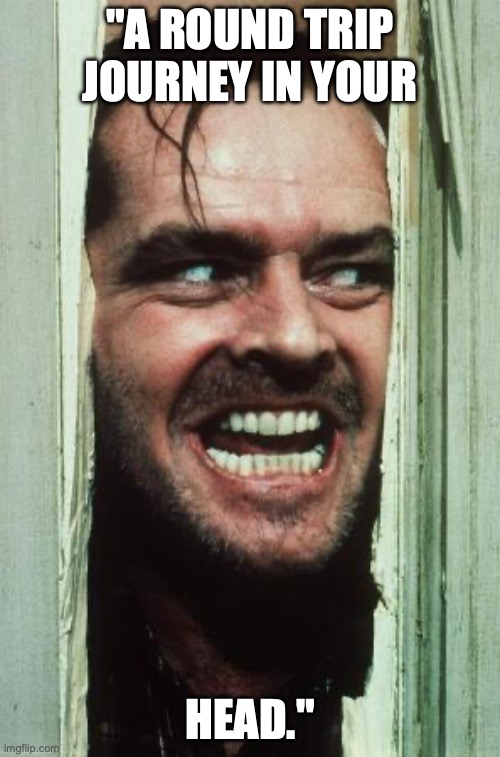 Here's Johnny | "A ROUND TRIP JOURNEY IN YOUR; HEAD." | image tagged in memes,here's johnny | made w/ Imgflip meme maker