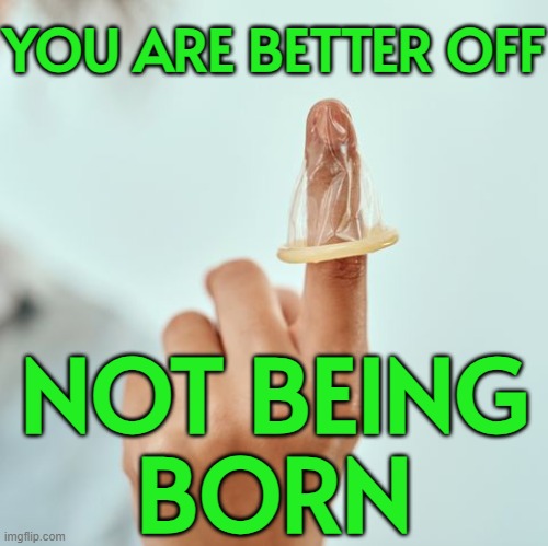 You are better off not being born | YOU ARE BETTER OFF; NOT BEING
BORN | image tagged in solution to overpopulation,birthday,birth,anti-overpopulation,overpopulation,life sucks | made w/ Imgflip meme maker
