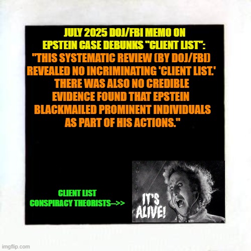 Deconstructing the Epstein "Client List" | JULY 2025 DOJ/FBI MEMO ON EPSTEIN CASE DEBUNKS "CLIENT LIST":; "THIS SYSTEMATIC REVIEW (BY DOJ/FBI)
REVEALED NO INCRIMINATING 'CLIENT LIST.'; THERE WAS ALSO NO CREDIBLE
EVIDENCE FOUND THAT EPSTEIN; BLACKMAILED PROMINENT INDIVIDUALS
AS PART OF HIS ACTIONS."; CLIENT LIST CONSPIRACY THEORISTS-->> | image tagged in jeffrey epstein,epstein case,doj,fbi,conspiracy,epstein client list | made w/ Imgflip meme maker