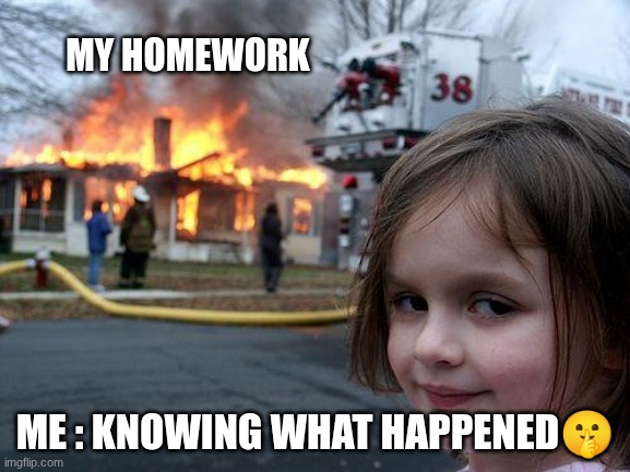 Disaster Girl | MY HOMEWORK; ME : KNOWING WHAT HAPPENED🤫 | image tagged in memes,disaster girl | made w/ Imgflip meme maker