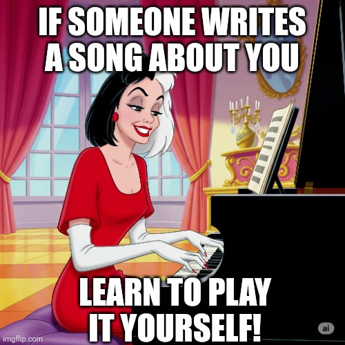 Cruella becomes musically inclined | IF SOMEONE WRITES A SONG ABOUT YOU; LEARN TO PLAY IT YOURSELF! | image tagged in disney,villain,cruella,piano,playing,music | made w/ Imgflip meme maker