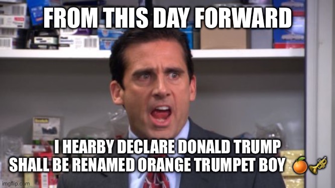 I declare Michael Scott  | FROM THIS DAY FORWARD; I HEARBY DECLARE DONALD TRUMP SHALL BE RENAMED ORANGE TRUMPET BOY  🍊🎺 | image tagged in i declare michael scott,politics,memes,funny,theoffice,donald trump | made w/ Imgflip meme maker